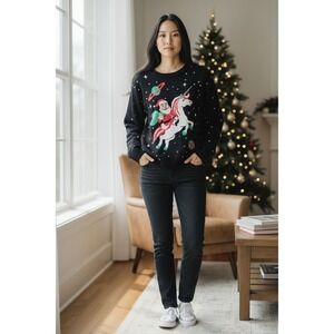 Tipsy Elves Ugly Christmas Sweater Women XL Black Santa Sweater Unicorn Sweater